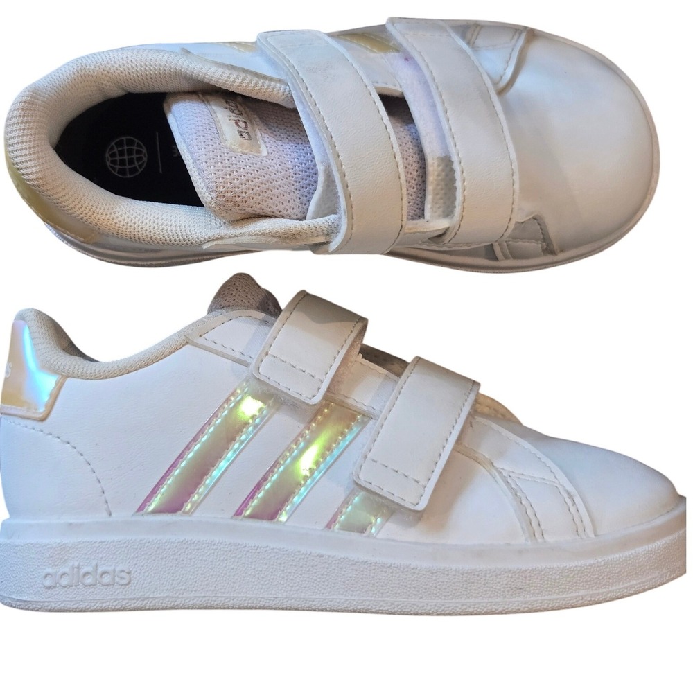 Adidas Grand Court 2.0 Kids White Iridescent Hook Loop‎ Sneakers GY2328 Size 9K